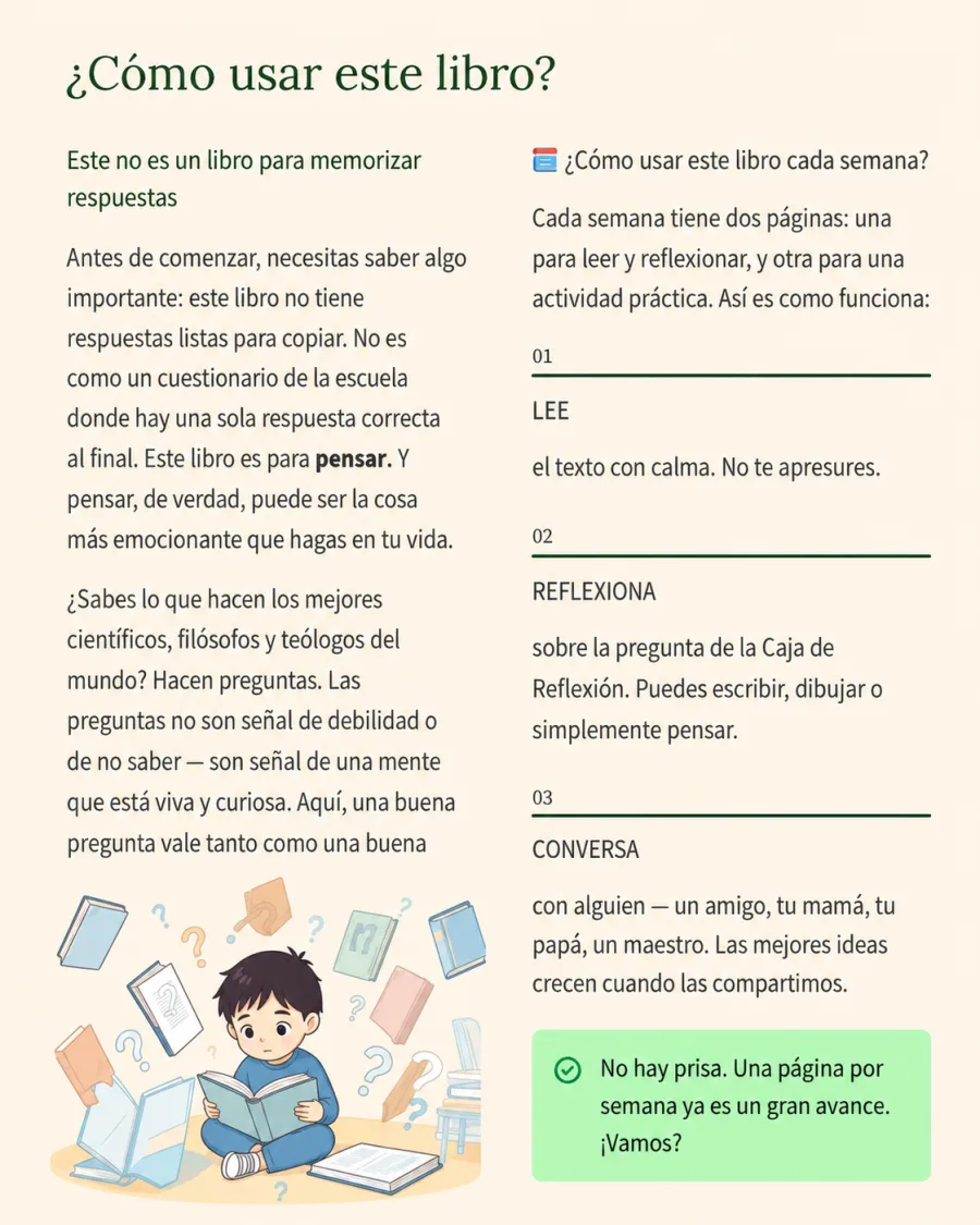 Página del libro explicando cómo usarlo cada semana: lee, reflexiona, conversa